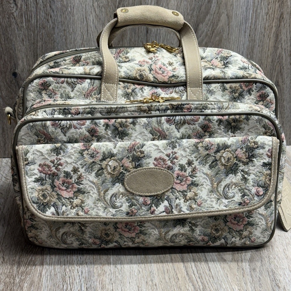 VTG French Luggage Co Gray Rose Suede Tapestry 16x12x8 Carry On w Shoulder Strap